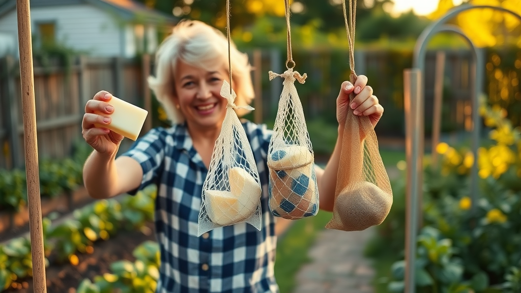 homeowner attaching soap bars and human hair to stakes in backyard garden, natural deer repellent method, vegetable rows and fruit shrubs, mesh bags blowing in breeze