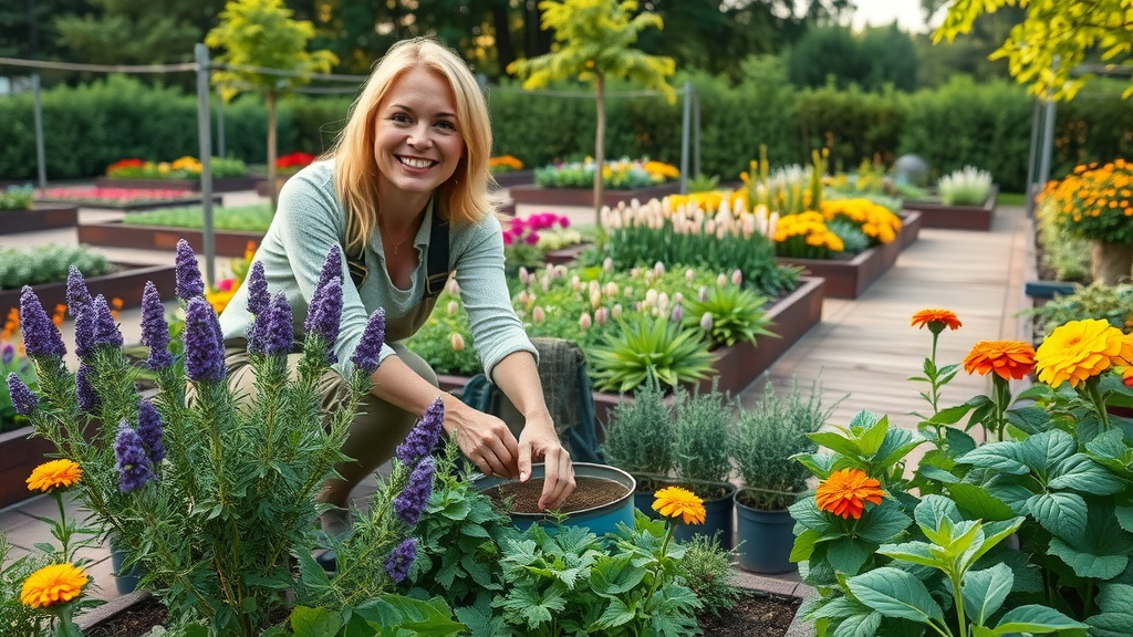gardener planting lavender, mint, and marigold among vegetables in mixed flower and herb garden, plant-based deer deterrent, raised beds and wooden pathways