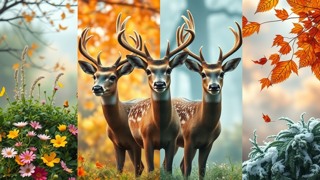 seasonal landscape showing deer activity in spring, summer, autumn, and winter, with garden protection and organic deterrents changing through the year