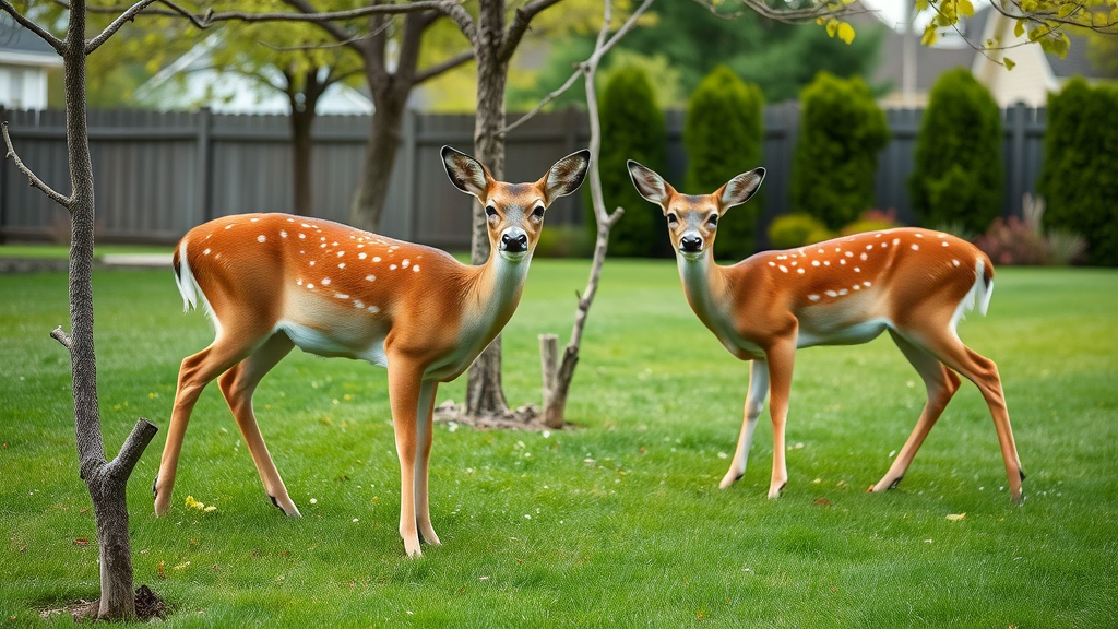 seasonal deer behavior and tree damage: Pair of white-tailed deer grazing near damaged young trees in a lush spring backyard