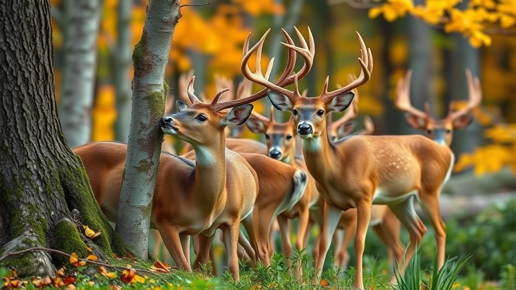 deer rub and antler rubbing: Herd of deer displaying seasonal behavior at forest edge, one feeding on buds, one rubbing antlers on a young tree trunk