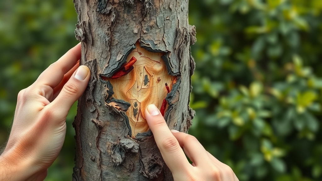 deer damage to tree: Close-up of young tree trunk with clear bark shredding and antler rub marks, human hand gently inspecting the wound