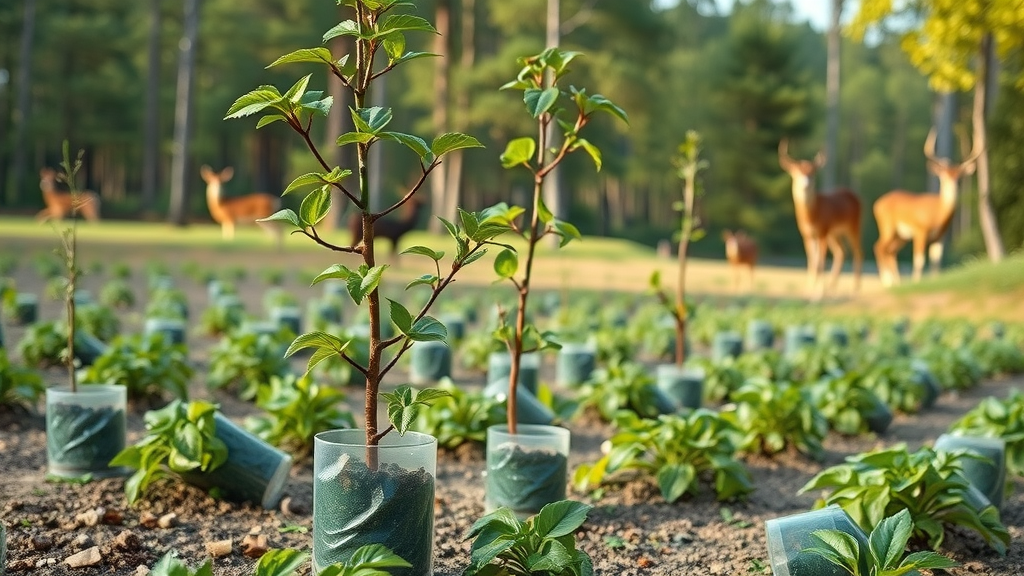 young trees at risk: Saplings in nursery with protection, one tree outside with clear bite marks and deer damage, deer visible in the distance