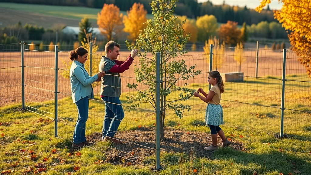 deer damage prevention: Family installing deer fencing and netting around young trees in a rural landscape