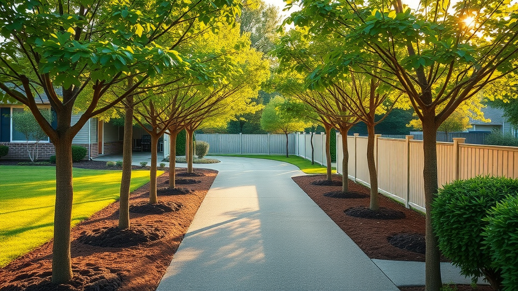 protected trees and shrubs: Healthy young trees lining a professionally landscaped driveway, all protected by subtle fencing