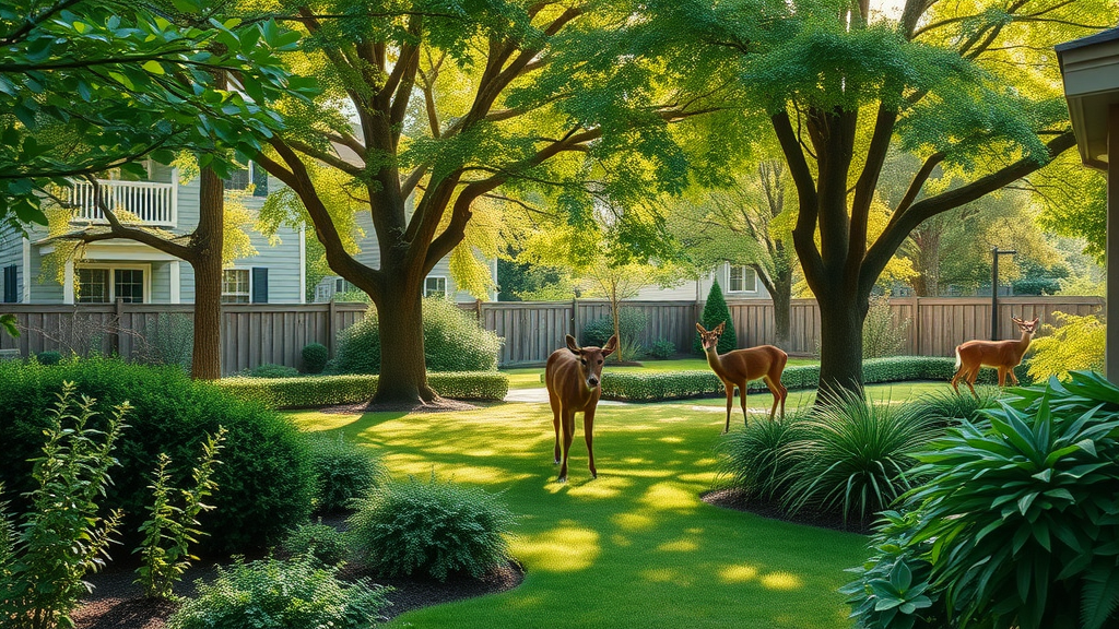 Serene garden landscape with healthy trees and deer grazing at the edge; landscaping tips to avoid deer damage.