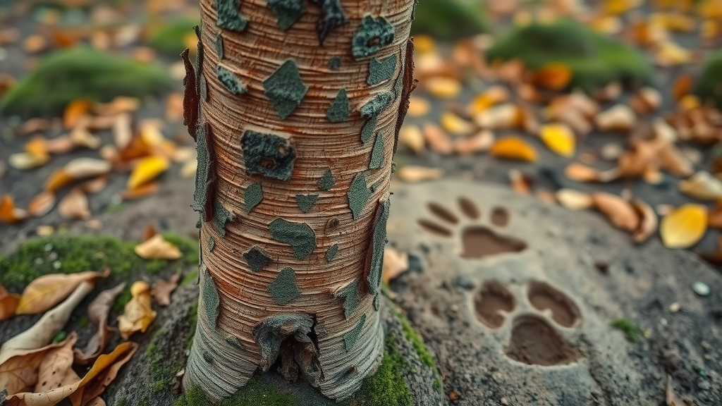 Close-up of tree bark stripped by deer and hoofprints nearby; sign of deer damage in landscaping.