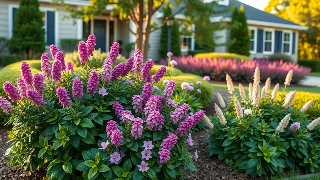 Selection of deer resistant shrubs and flowering plants in garden front yard; landscaping tips to avoid deer damage.