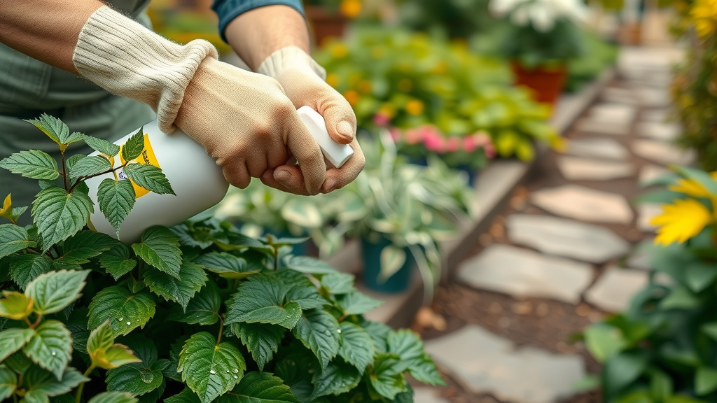 Gardener applying deer repellent spray to foliage for deer proof landscaping; gloves and eco-friendly focus.