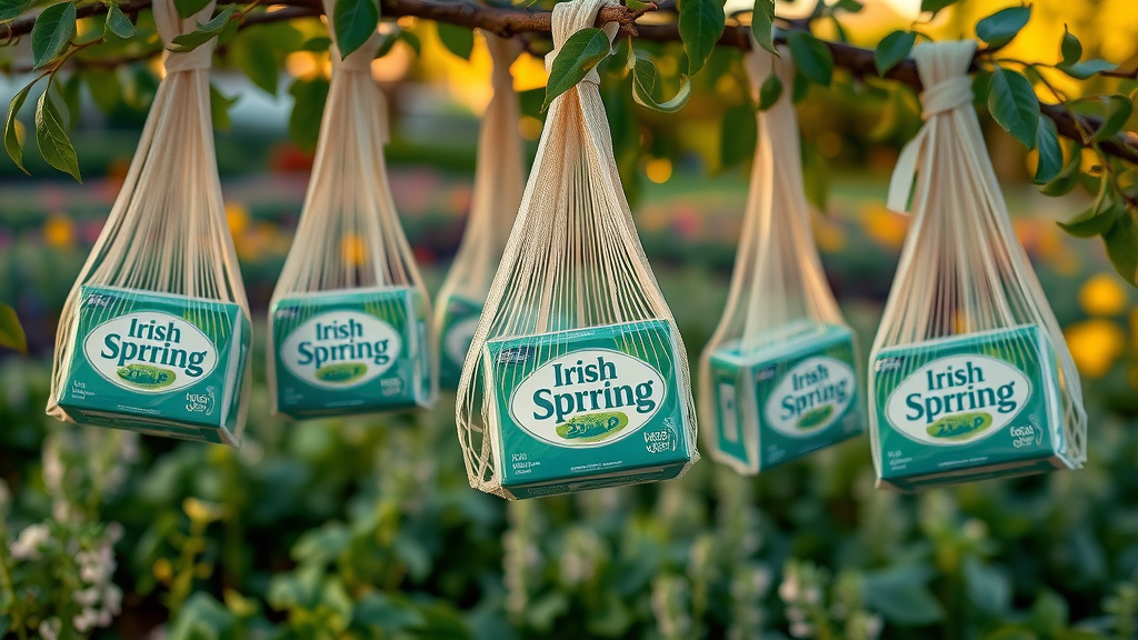 Irish Spring soap bars in mesh bags hung from tree branches as a deer deterrent, garden background.