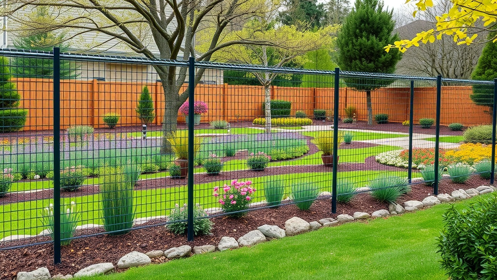 Tall deer fence enclosing landscaped backyard with blooming beds and trees; effective deer proof barrier.