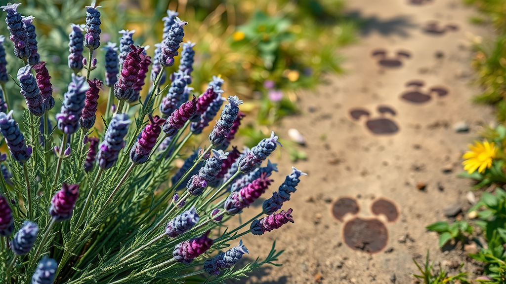 Aromatic herbs such as lavender and rosemary, arranged in garden with deer tracks leading away; natural deer deterrents.