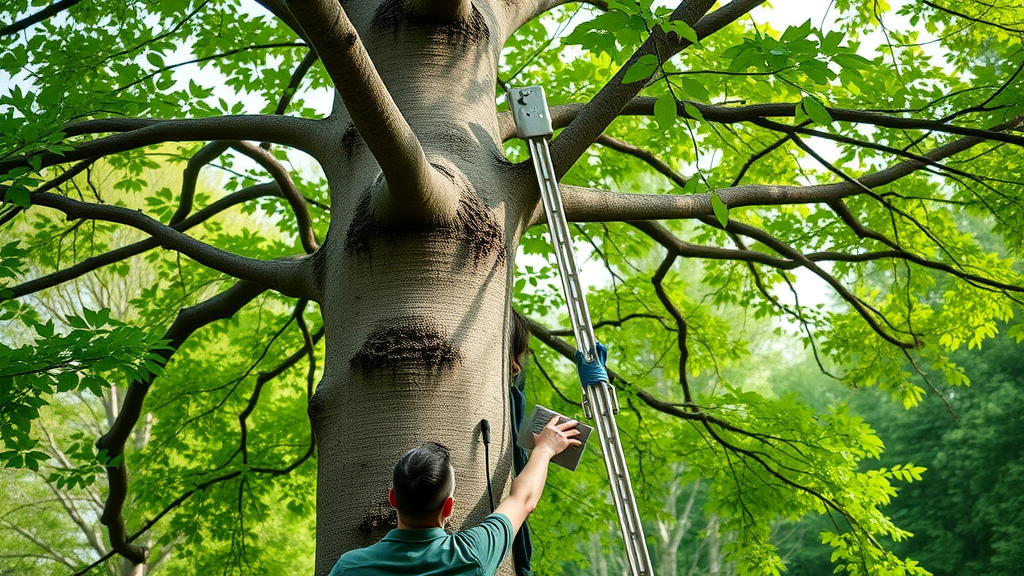 Professional arborist inspects mature tree healed from deer damage, demonstrating landscape recovery.