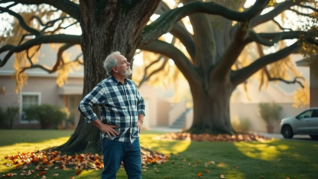 tree cutting: Thoughtful homeowner observing a large tree near a house, looking concerned and standing safely, photorealistic suburban backyard with mature oak tree, autumn leaves, early morning mist