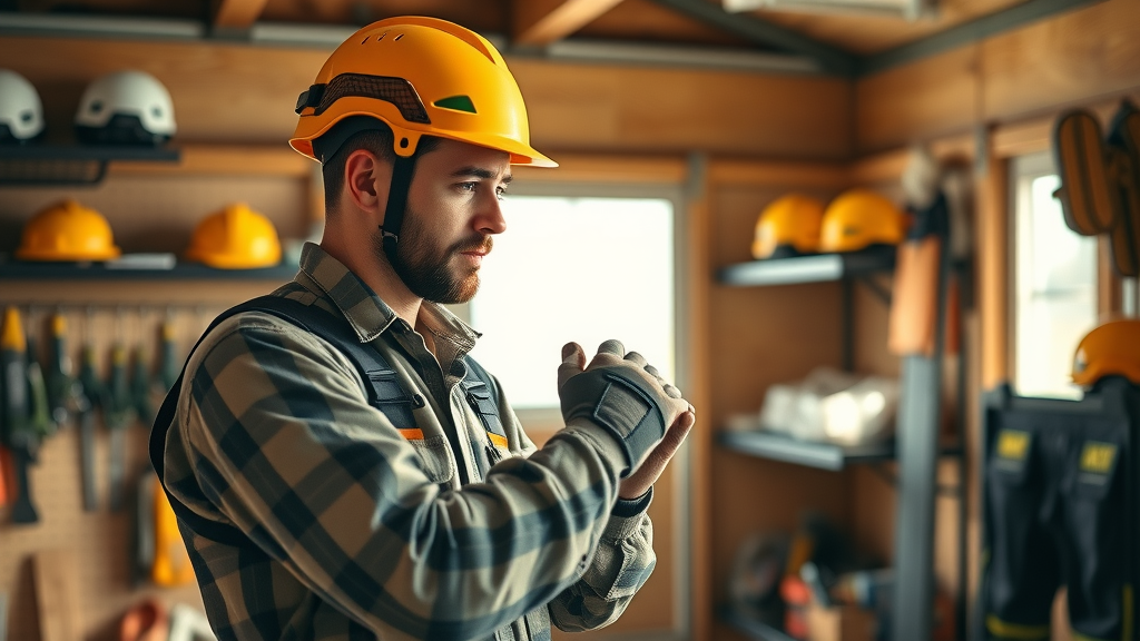 tree felling: Professional arborist preparing safety equipment, adjusting helmet, sunlit tool shed with helmets, gloves, and chainsaw-proof trousers