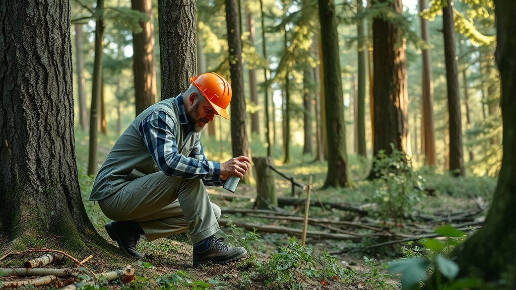 tree felling: Experienced worker marking a tree for removal, crouching with spray can, dense woodland edge, flagged trees, photorealistic detail
