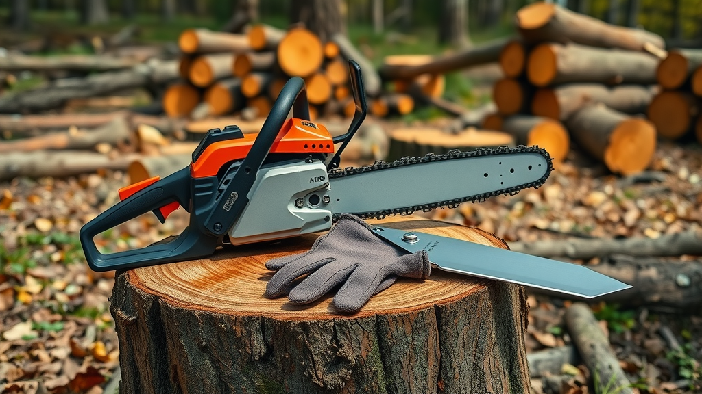 chainsaw, felling wedge, and gloves for tree cutting neatly displayed on a wooden stump in a forest clearing with leafy ground, macro detail