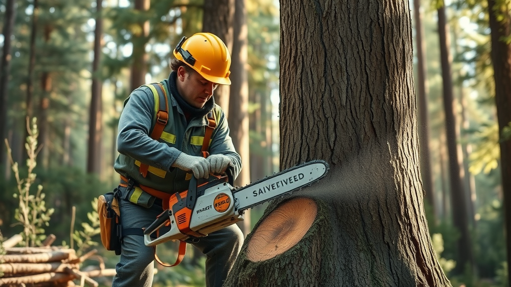 arborist tree felling: Precise face cut with chainsaw, safety gear, stance wide for balance, forest edge with soft browns and greens