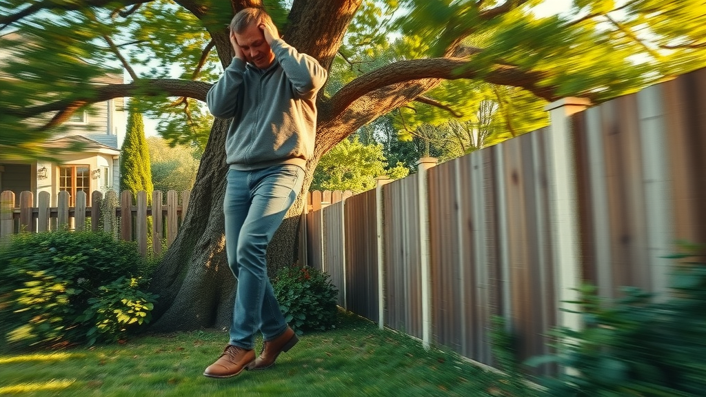 tree felling: Homeowner narrowly avoiding tree falling in wrong direction, startled and stepping back, residential garden chaos