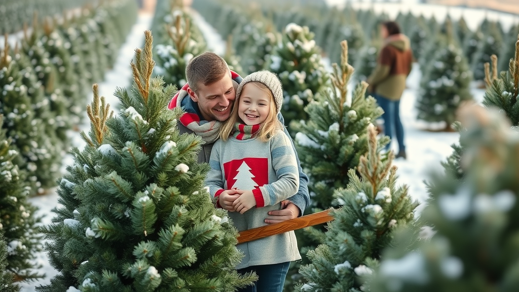 christmas tree: Family selecting a Christmas tree on a snowy farm, using hand saw, festive and safe process