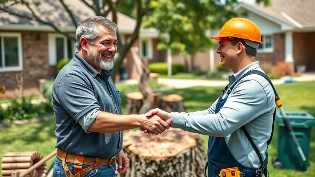 tree removal: Happy homeowner shaking hands with tree removal professional, fresh cut stump, cleanup tools, sunny day
