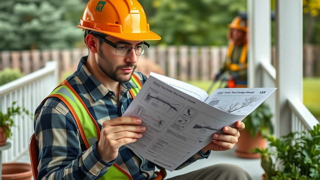 tree cutting manual: Novice wearing safety gear reviewing illustrated manual, porch setting, potted plants, safety equipment