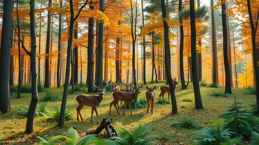 impact of deer on tree health – vivid forest landscape showing white-tailed deer browsing among healthy trees and saplings, early autumn, photorealistic