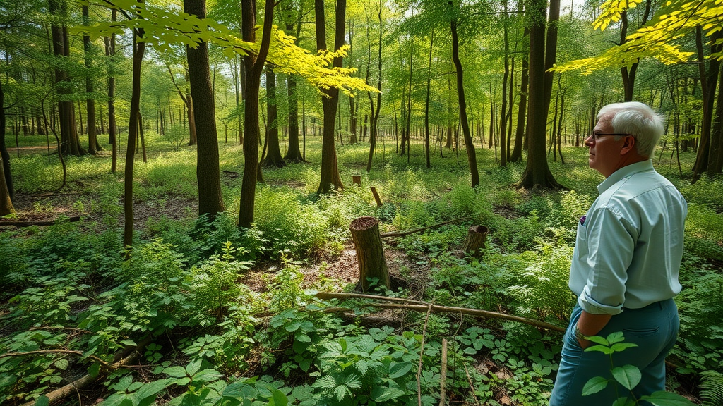 impact of deer on tree health – invasive plants like multiflora rose and Japanese barberry overtaking forest gaps among deer-damaged saplings, forest service research, photorealistic