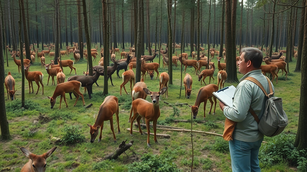 effects of deer on tree health – dense deer population grazing among sparse saplings, worried ecologist observing, overbrowsed forest, photorealistic