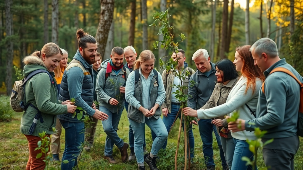 impact of deer on tree health – woodland restoration, group of landowners, forest workers and local volunteers inspecting and planting healthy saplings, teamwork, photorealistic