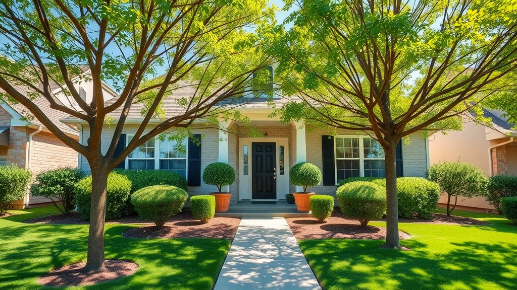 tree trimming boosting home curb appeal with neatly trimmed trees in front of an inviting suburban home, green lawns and blue sky