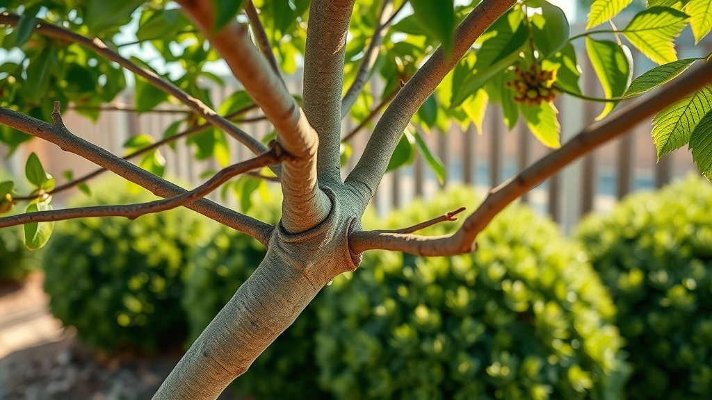close-up view of a healthy tree branch structure perfect for trimming and pruning, showing branch collar in a maintained backyard