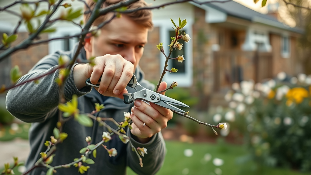 tree trimming in early spring with a person carefully pruning a small branch in a backyard setting