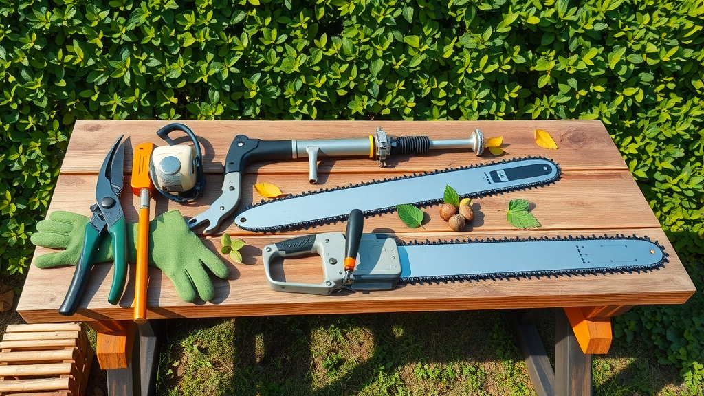 tree trimming tools including shears, loppers, pole saw, gloves, and safety gear arranged neatly for safe and effective tree pruning