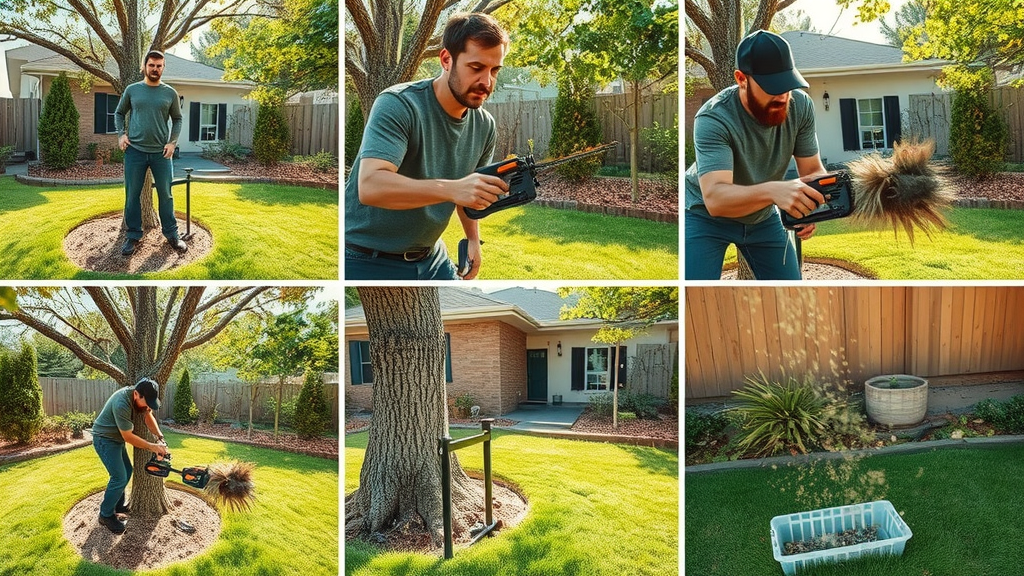 step-by-step guide to tree trimming with clear visuals of assessing, cutting, and cleaning up in a backyard setting