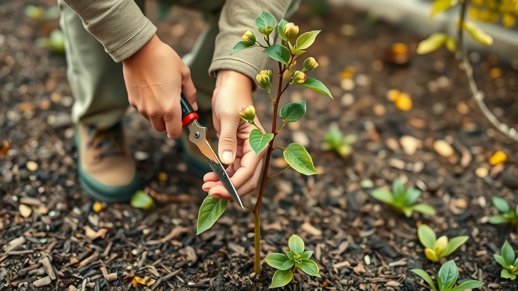 gardener gently pruning a young sapling representing best practices for pruning young trees in a spring garden