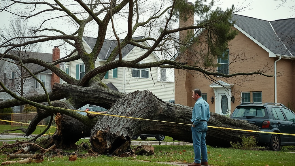 A dramatic fallen tree near a suburban home, highlighting the urgency of emergency tree removal, with a concerned homeowner observing in a realistic neighborhood setting, emergency tape, debris, and windblown branches under overcast daylight.