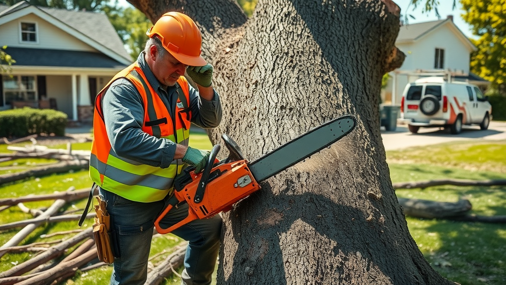 Close-up of a tree trunk with visible cracks, fungus, and leaning trunk—urban forest context with safety cone, showing symptoms requiring emergency tree removal.