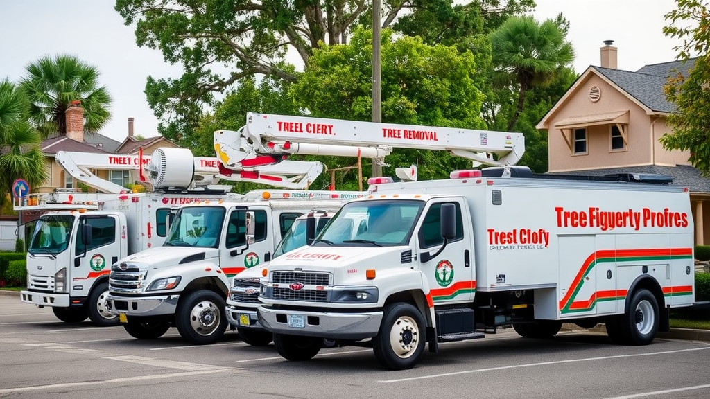 Modern fleet of emergency tree removal trucks and equipment—ready for urgent property protection, emphasizing professional services and safety in tree emergencies.