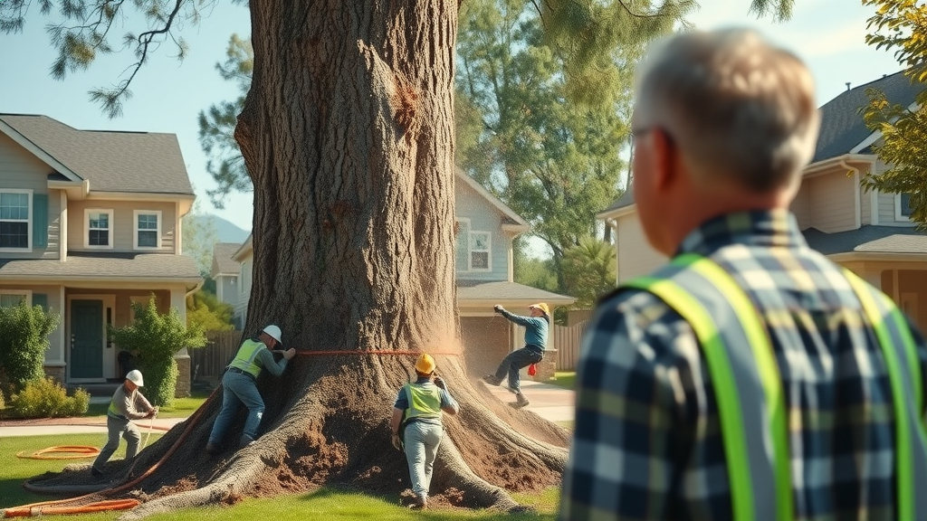 Eye-catching tree removal scene: Surprised homeowner observes a skilled team cutting down a large tree in a suburban yard, visible sawdust, chainsaws, and safety gear. Main keyword: tree removal cost