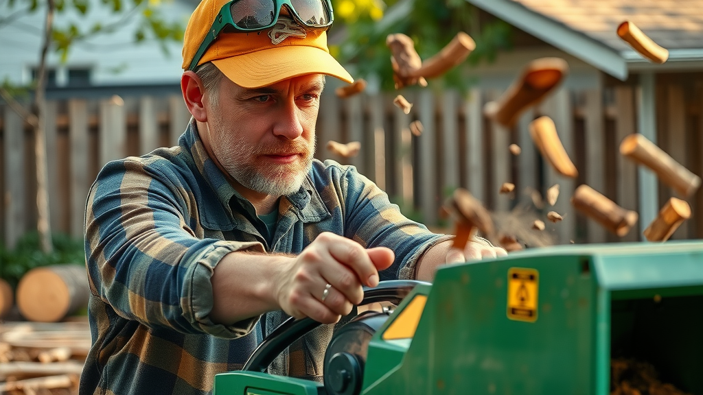 Detailed closeup: Arborist operating wood chipper amid cut branches and a clean worksite. Shows tree removal cost factors: equipment, labor, and cleanup.