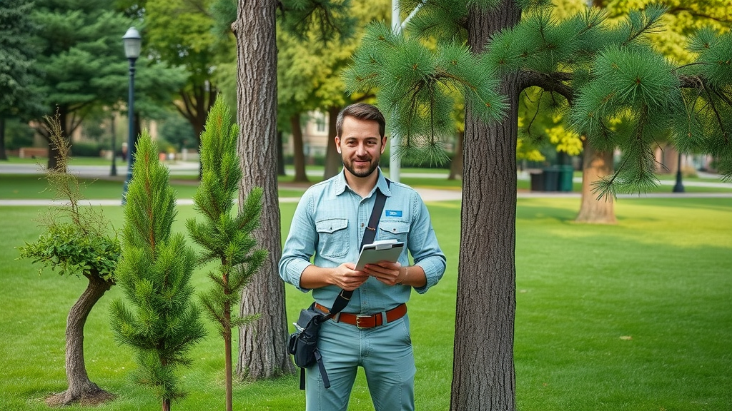 Arborist comparing small and large trees of different species for tree removal cost estimates in a city park.