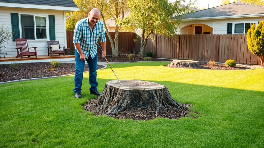 Clean, restored yard after professional tree and stump removal; shows sod lines, mulch, and satisfied homeowner reviewing the tree removal cost results.