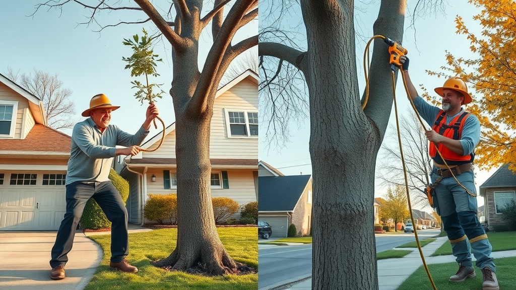 DIY homeowner attempts small tree removal with rope; pro arborist uses safety gear on a tall tree. Illustrates cost and safety differences in tree removal cost.