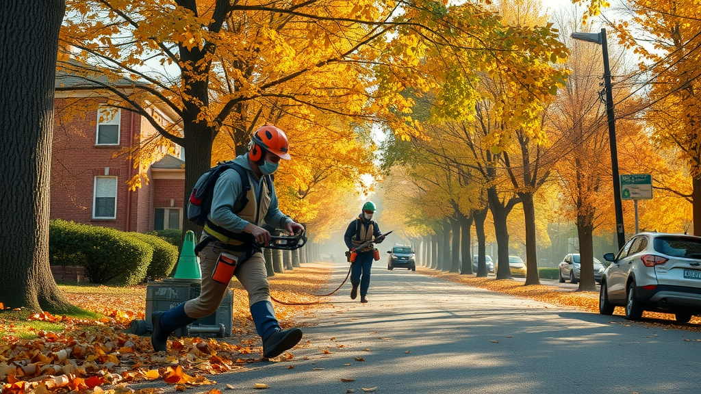 Pro crew removes trees along a colorful autumn street; shows fall as a cost-effective season for tree removal cost savings.