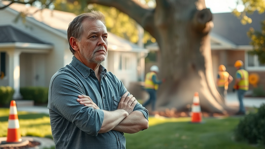 Worried homeowner observing tree removal crew, focused on tree removal safety with visible safety cones and professionals using safety gear. Photorealistic suburban front yard, sawdust in the air, soft natural light.