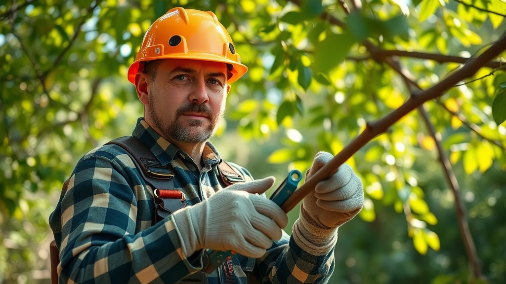 Professional arborist preparing to trim a tree, focused on tree care safety with helmet, pruning tools, gloves, and climbing gear. Lush backyard setting with cut branches. Photorealistic with natural afternoon sunlight.