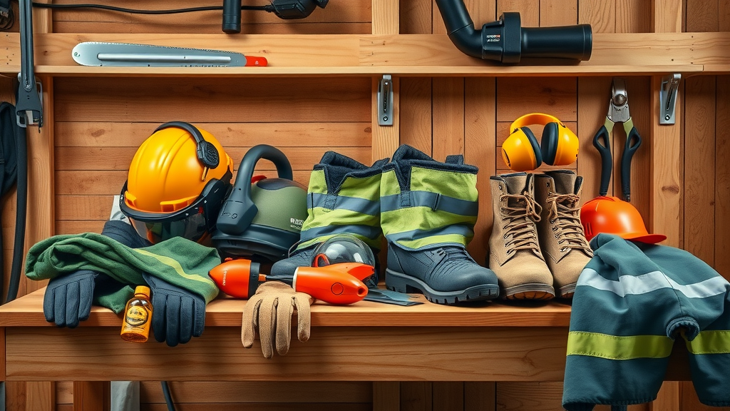 Essential personal protective equipment for tree removal laid out on a workbench, including helmet, gloves, boots, safety glasses, hearing protection, and chainsaw-resistant clothing. High real detail. No people.