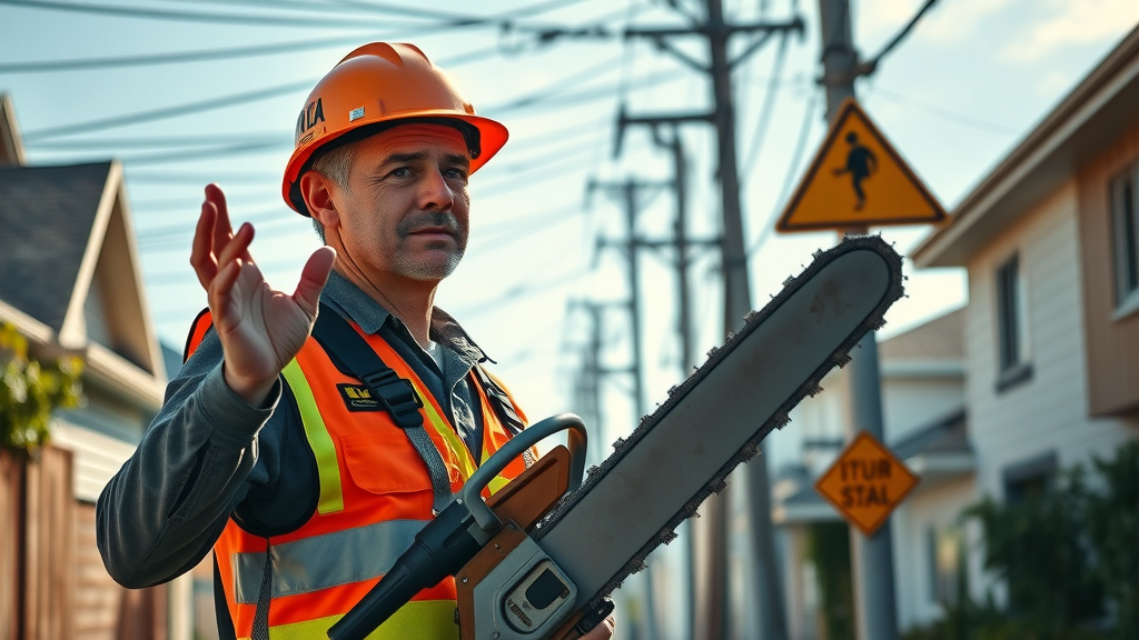 Tree removal worker assessing power line dangers for tree removal safety, gesturing towards overhead power lines while holding a pole saw. Visible safety vest, warning signs, utility poles, and high-contrast setting.