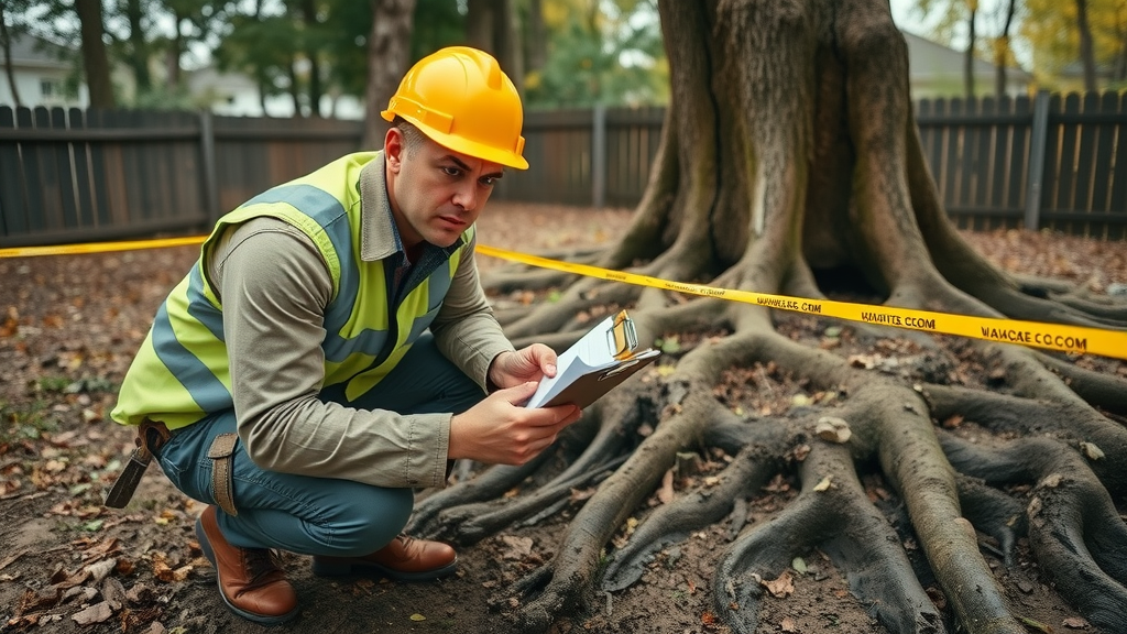 Safety assessor marking hazardous tree conditions, crouched inspecting unstable ground with a clipboard and visible yellow hazard tape in a wooded backyard. Detailed, earthy, photorealistic setting.